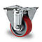 Close-up of an industrial caster with a red tread and silver casing.