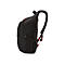 Schwarzer Rucksack mit rotem Innenfutter, seitliche Ansicht.