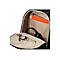 Schwarzer Rucksack, geÃ¶ffnet. Darin KopfhÃ¶rer, Kabel, orange Ordner. Innenfutter beige.