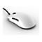 Weiße Gaming-Maus mit schwarzem Kabel, seitlichen Tasten und Logo auf weißem Hintergrund.