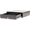 Black cash drawer, partially open. Inside with compartments for money and coins. A keyhole at the front.