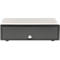 Dark gray cash drawer with a light colored lid. A silver keyhole is visible in the center of the drawer.