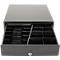 An open black cash register drawer with various compartments and a lock on the front.