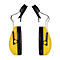Protection auditive jaune et noire sur fond blanc.