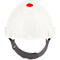 Casque de sécurité blanc avec mentonnière. Il y a un bouton rouge sur le dessus. L'image montre le casque de face.