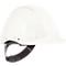 Casque de sécurité blanc avec jugulaire. Des trous de ventilation se trouvent en haut.