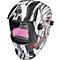 Casque de soudage avec motif de robot en noir, argent et rouge. La visière est rose.