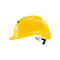 Casque de sécurité jaune, vue latérale de face. La jugulaire et la nuque sont blanches.