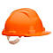 Un casque de chantier orange avec jugulaire. Le casque a une surface lisse et est représenté sur fond blanc.