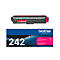 Cartouche de toner Brother TN242M magenta au-dessus de son emballage bleu avec logo et texte.