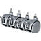 Four gray casters with locking levers and bolts. The casters are arranged at a slight angle.