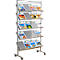 A silver magazine rack on wheels, filled with brochures. The brochures are titled "Detour".