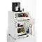 White beverage and coffee module with open fridge door, coffee machine, drinks, cups, and snacks.