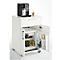 White mini-fridge cabinet with coffee machine and snack, fridge door open.