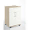 A white and beige cabinet on wheels with a drawer and double door. The cabinet stands on a white surface.