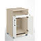 Light brown rolling cabinet with open white door and open compartment. The cabinet stands on castors.