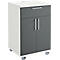 White and gray mobile cabinet with drawer and doors. Standing on castors.