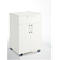 White cabinet on wheels, with drawer and double doors. Metal handles, neutral background.