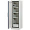 Armoire blanche avec porte ouverte, intérieur avec étagères, encadrée en noir.