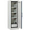 Armoire blanche avec porte ouverte, quatre étagères et un tiroir coulissant.