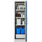 Armoire ouverte avec divers récipients de liquide : bidons, bouteilles et conteneurs.