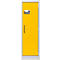 Porte d'armoire de commande jaune avec éléments de commande et poignée. La porte est encadrée dans un cadre gris clair.