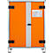 Orange flight case cabinet with gray center brace. Black hinges and rollers. Warning notices attached.