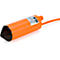 Orange submersible pump, cylindrical, with black filter and orange cable.