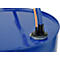 Close-up of a blue barrel with hose and pipe connections.