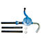 Blue hand pump with black tube and accessories on a white background.