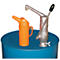 A silver hand pump and an orange watering can stand on a blue barrel. The pump has a black handle.