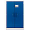 Blauwe kast met twee deuren, wit frame, zwarte handgrepen en een bedieningspaneel.