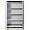 Witte kast, open deuren. Geel frame, donkere handgrepen. Glazen planken. Onderste plank met een patroon van gaten.