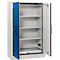 Open witte kast met vier planken, blauwe deur met handvat, rechter deur open.