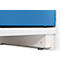 Close-up: Blauwe metalen constructie, wit frame, grijze basis. Zwarte poten. Details, schroeven en verbindingen zichtbaar.