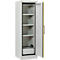 Een witte open kast met gele zijkant en meerdere planken. De deur is open om het interieur te onthullen.