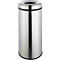 Poubelle en acier inoxydable avec couvercle et base noirs. Cylindrique, avec ouverture sur le dessus.