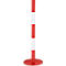 Red and white striped barrier post with round red base and two loops at the top.