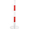 A white and red striped bollard stands against a white background.