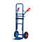 Blue hand truck with red handles, two wheels and black belt.