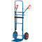 Blue hand truck with red handles, two wheels and black rubber band.