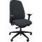 Chaise de bureau gris foncé, dossier haut, accoudoirs noirs, roulettes.