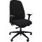 Chaise de bureau noire avec dossier haut, accoudoirs et roulettes.