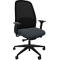 Chaise de bureau noire avec dossier en maille et assise grise, accoudoirs. Piètement à roulettes.