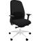 Chaise de bureau noire avec base blanche. Le dossier a un motif noir et des accoudoirs.