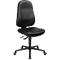 Chaise de bureau noire, de forme ergonomique, avec roulettes et hauteur d'assise réglable. Le dossier et l'assise sont en cuir.