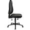 Chaise de bureau noire de profil, de forme ergonomique, avec roulettes.