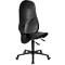 Chaise de bureau noire avec dossier haut, accoudoirs, roulettes et commandes.