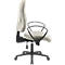 Chaise de bureau beige avec revêtement en velours côtelé, structure et accoudoirs noirs sur fond blanc.