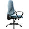 Chaise de bureau bleu clair en velours côtelé, avec cadre et accoudoirs noirs sur fond blanc.